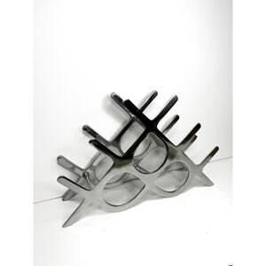 Vintage Brutalist Wine Rack: MCM Silver Metal Sculptural Bottle Holder